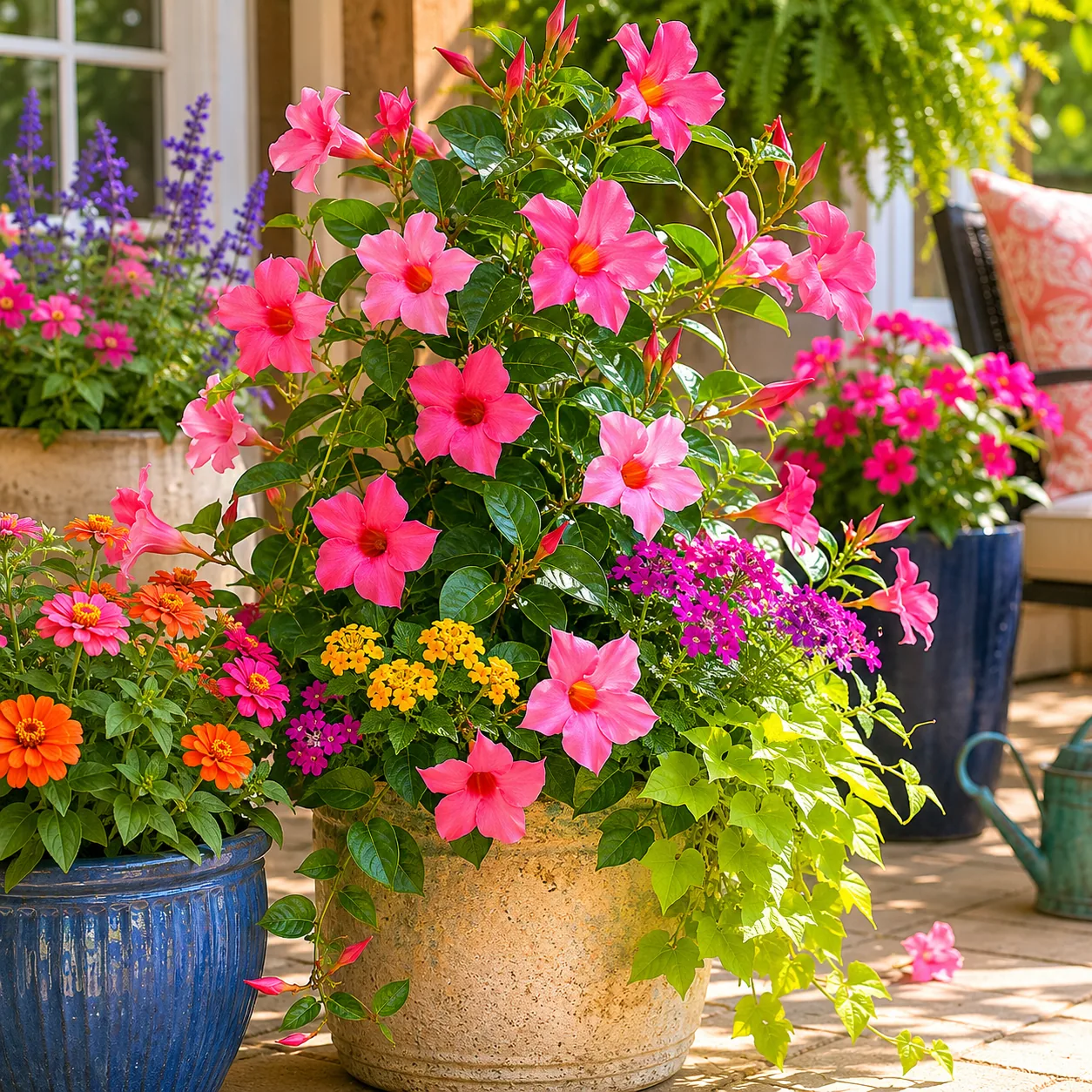Realistic editorial photo of Mandevilla growing in sunny patio containers with heat tolerant flowering plants, realistic