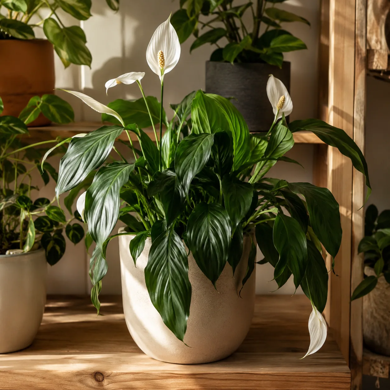 Realistic editorial photo of Peace lily if you watch droop growing in bright indoor shelf with low maintenance houseplan