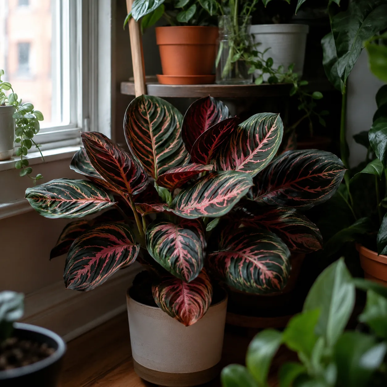 Realistic editorial photo of Peacock plant growing in low light room corner with houseplants near a window, realistic ed