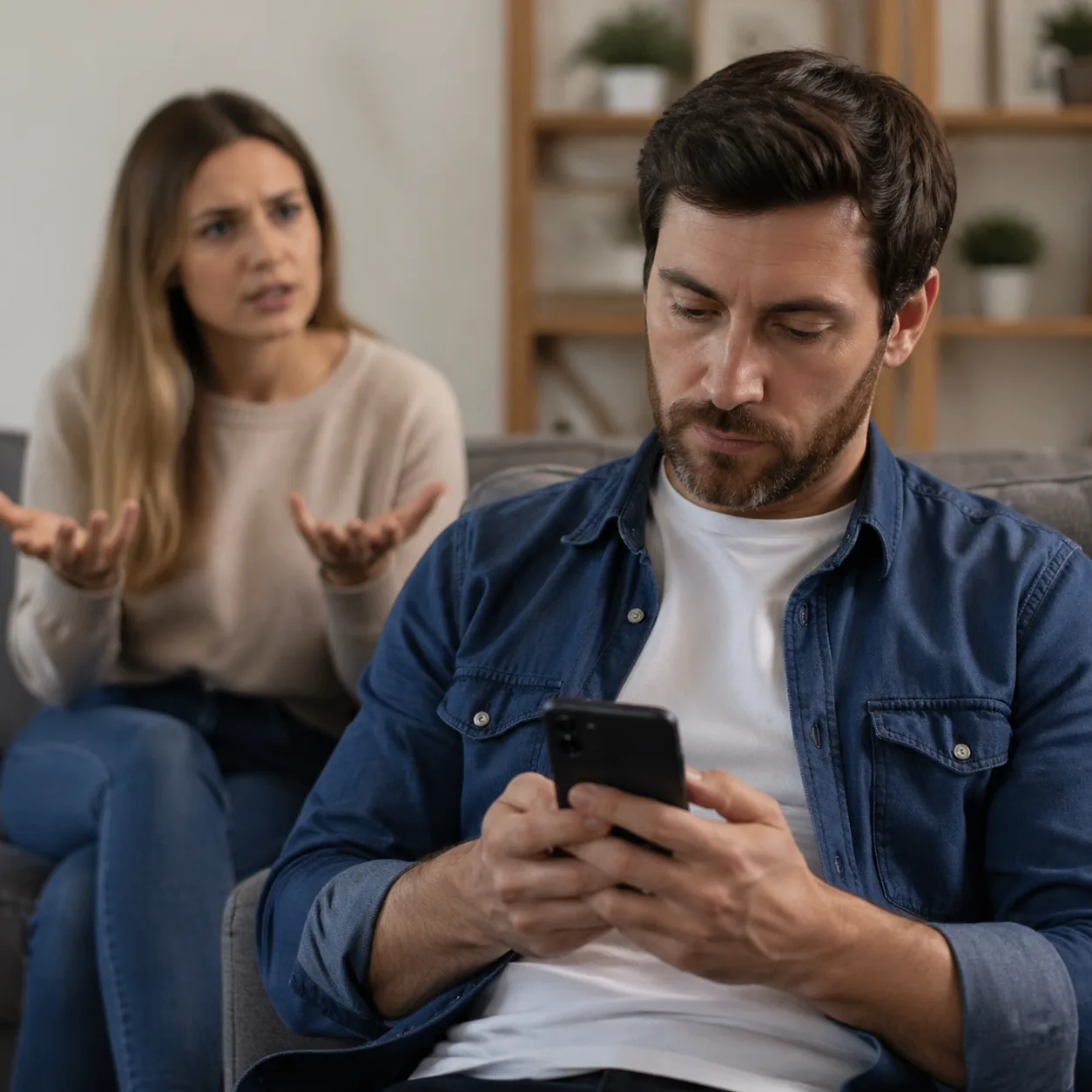 Realistic lifestyle photo of a husband nodding without looking up from a phone while his wife speaks in the background