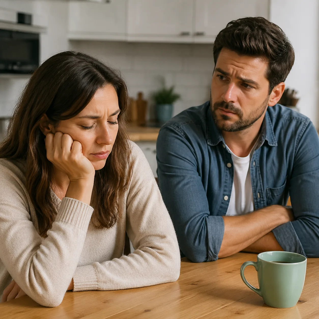 Realistic lifestyle photo of a wife sitting at a kitchen table sighing softly while her husband glances over with a worr