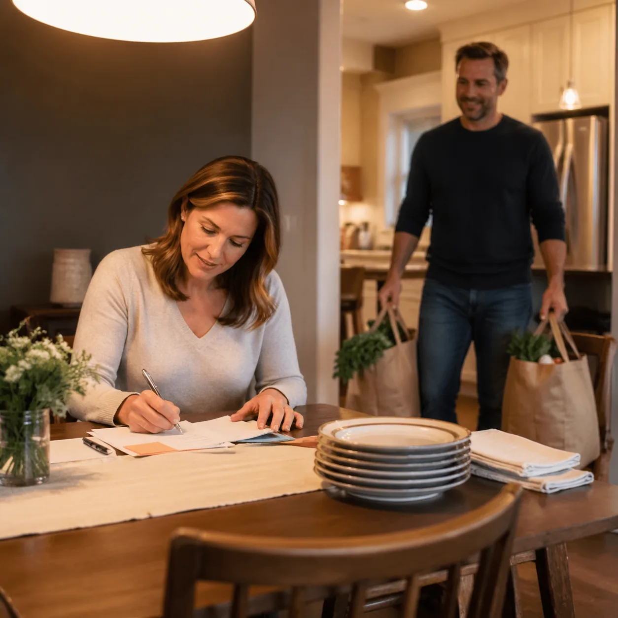 Realistic photo of a wife planning a dinner gathering with notes and plates on a dining table while husband carries groc