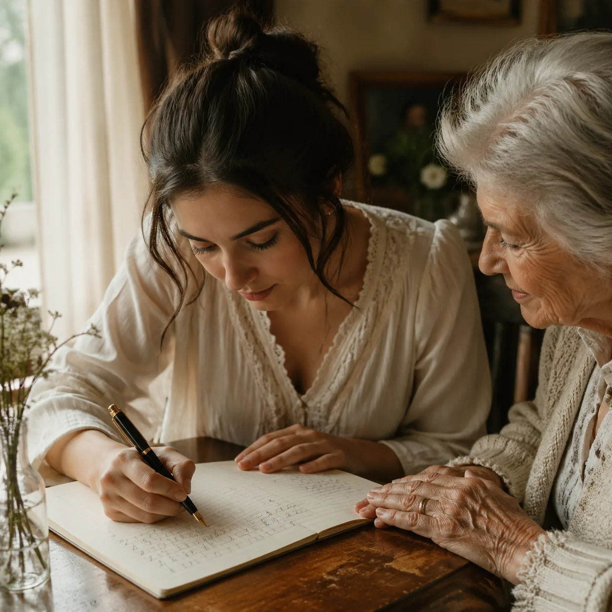 Warm editorial photo of a young woman practicing cursive letters in a lined notebook with a fountain pen, grandmother's 