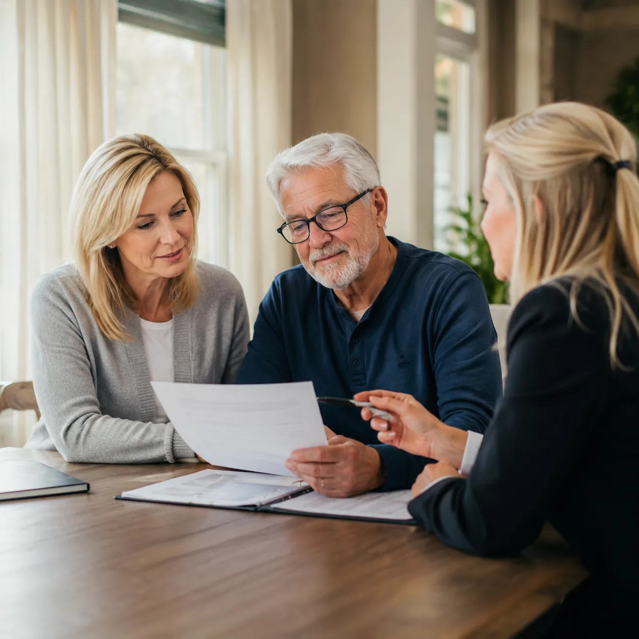 adult daughter and older father reviewing sample assisted living bill with sales director, realistic editorial lifestyle