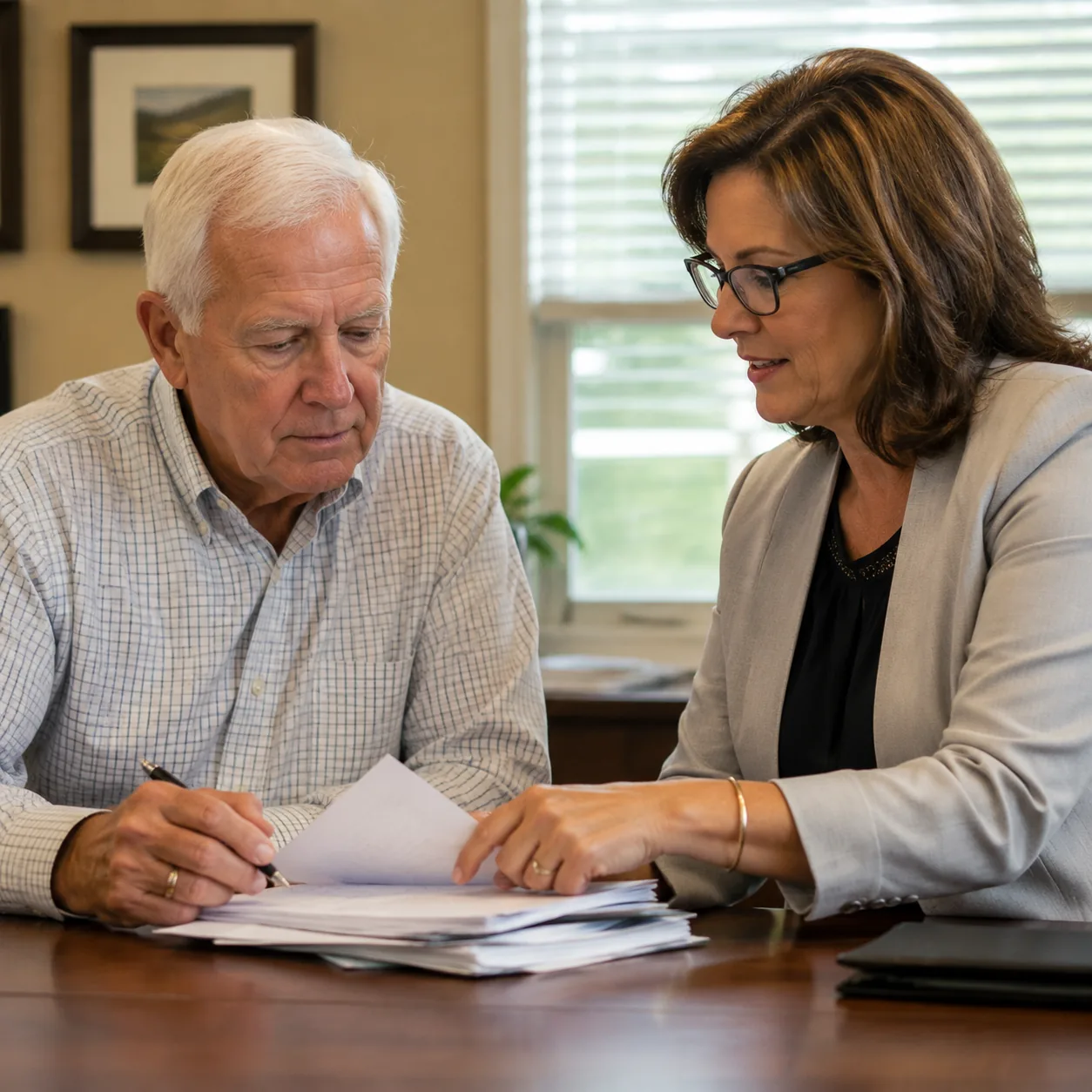 community manager office with older HOA board member reviewing contract paperwork, realistic editorial lifestyle photogr