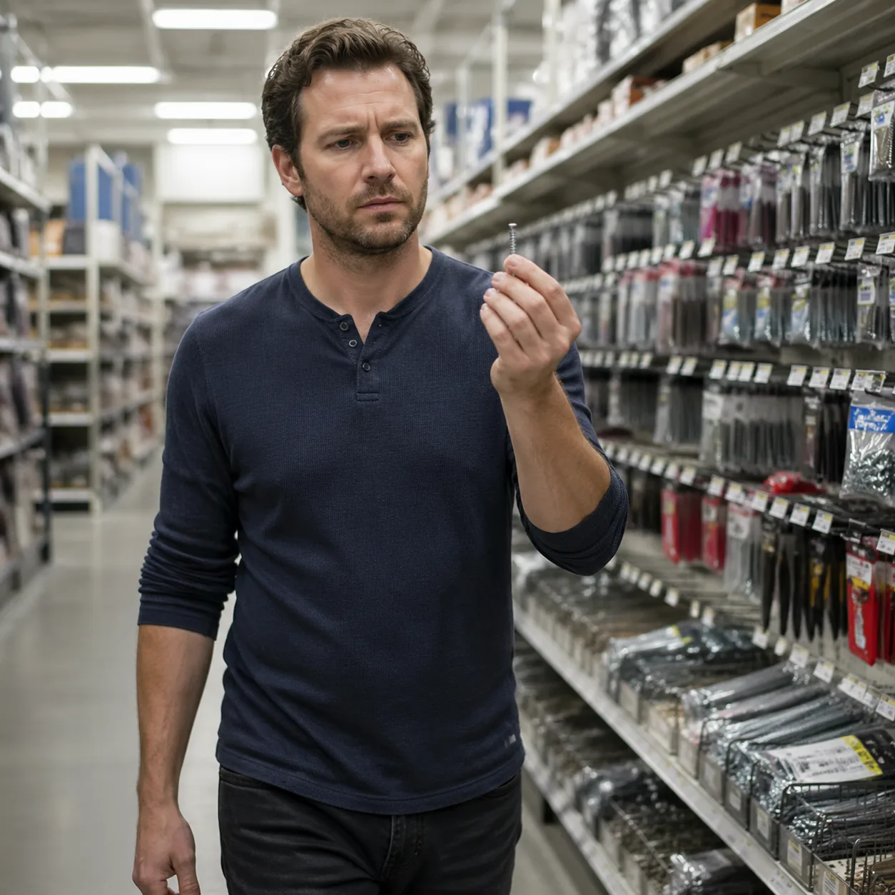 Funny realistic lifestyle photo of a husband walking down a hardware store aisle holding a single screw with a deeply fo