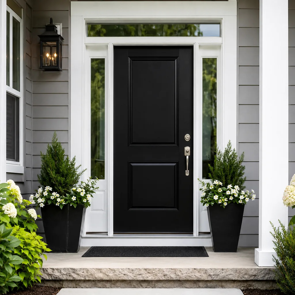 Realistic editorial photo of a black front door on an American home with trim, planters, hardware, and porch details showing clean walkway edge