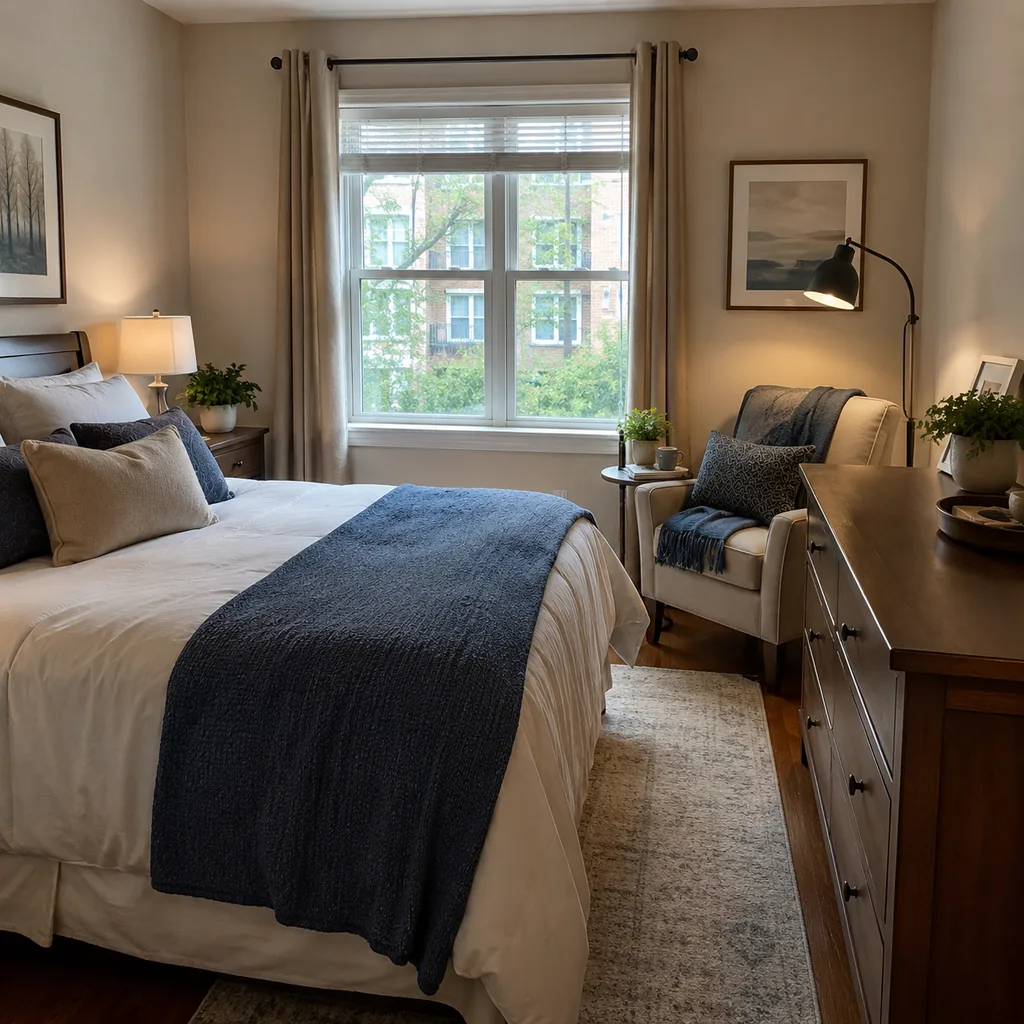 Realistic editorial photo of a compact American bedroom with bed, nightstands, window, dresser, and tight walkways showing reading spot with its own light