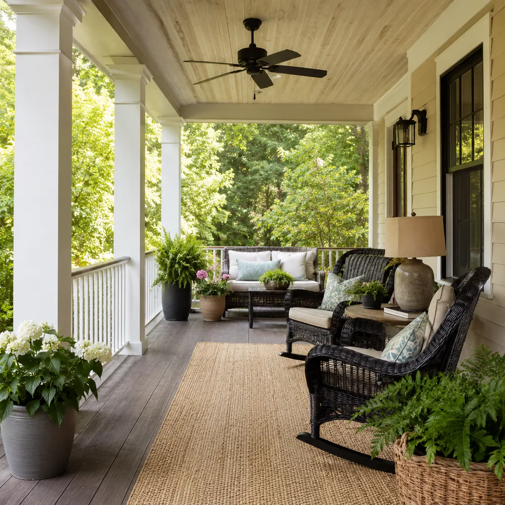 Realistic editorial photo of a covered porch with chairs, ceiling fan, plants, side tables, rug, and outdoor living details showing welcome area that does not f