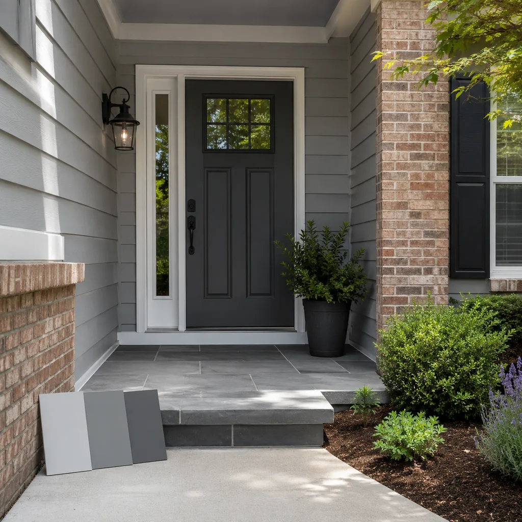 Realistic editorial photo of a front entry with door paint samples, brick, siding, plants, and trim showing cool gray walls with gray floors