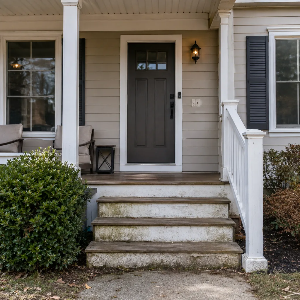 Realistic editorial photo of a front porch prepared for a home showing with steps, door, railings, seating, and curb appeal issues showing light switches that f