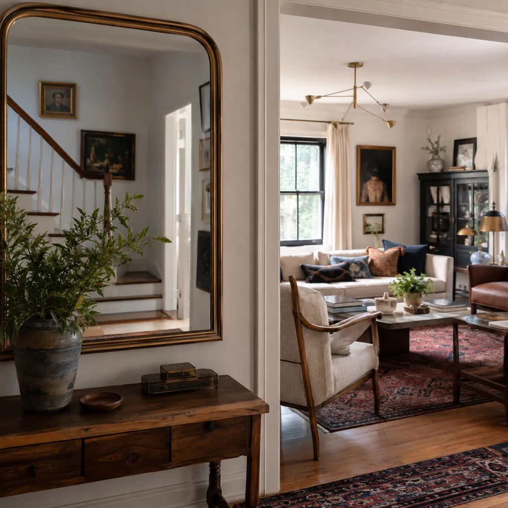 Realistic editorial photo of a home interior with vintage decor, modern furniture, warm wood, patterned accents, and layered lighting showing mirror that change