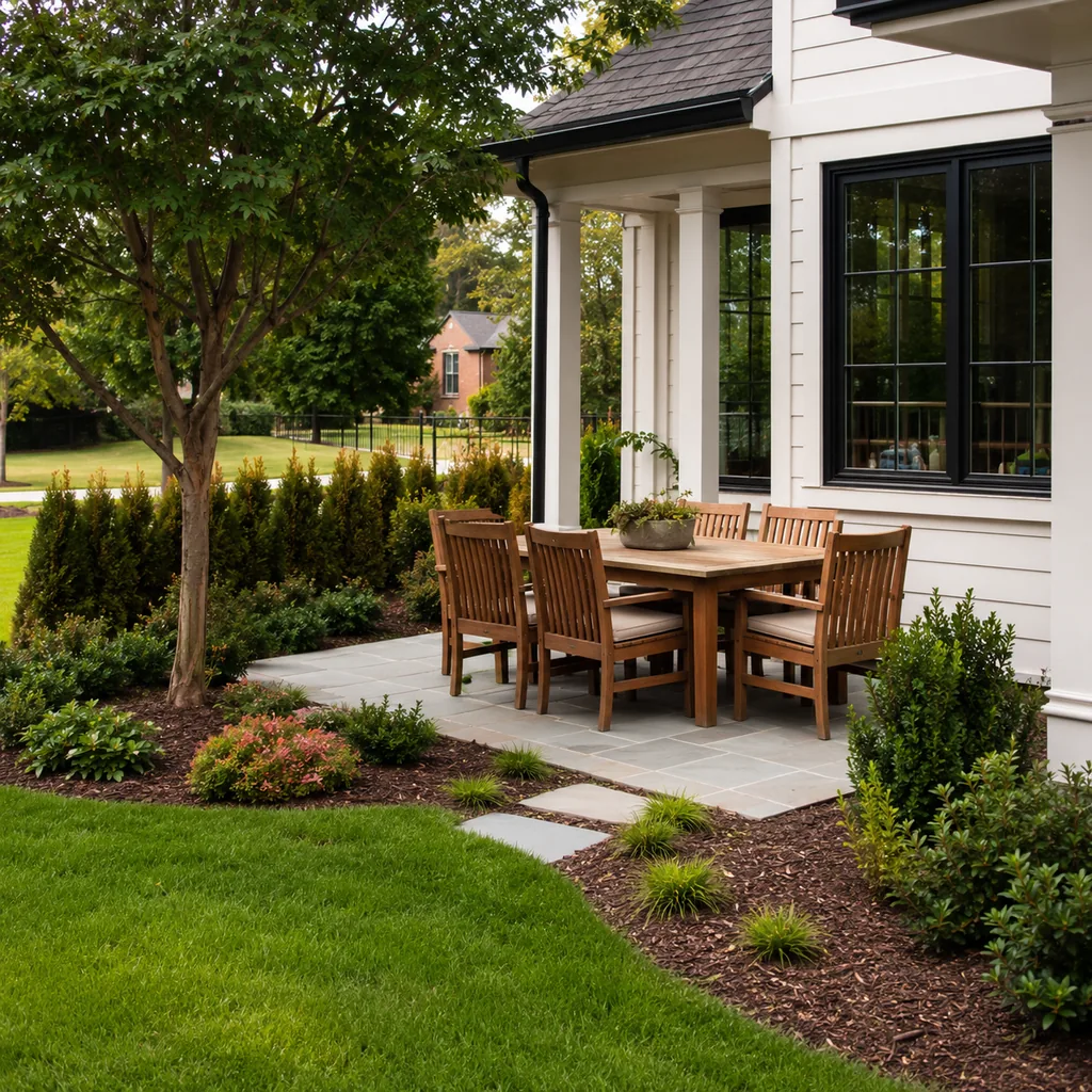 Realistic editorial photo of a landscaped American front yard with lawn, shrubs, mulch beds, trees, walkway, and house exterior showing dining zone without chai
