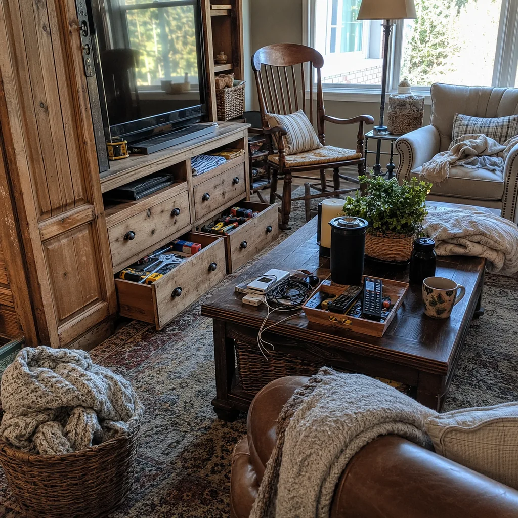 Realistic editorial photo of a living room with crowded surfaces, extra chairs, baskets, blankets, cords, and storage furniture showing duplicate tools filling 
