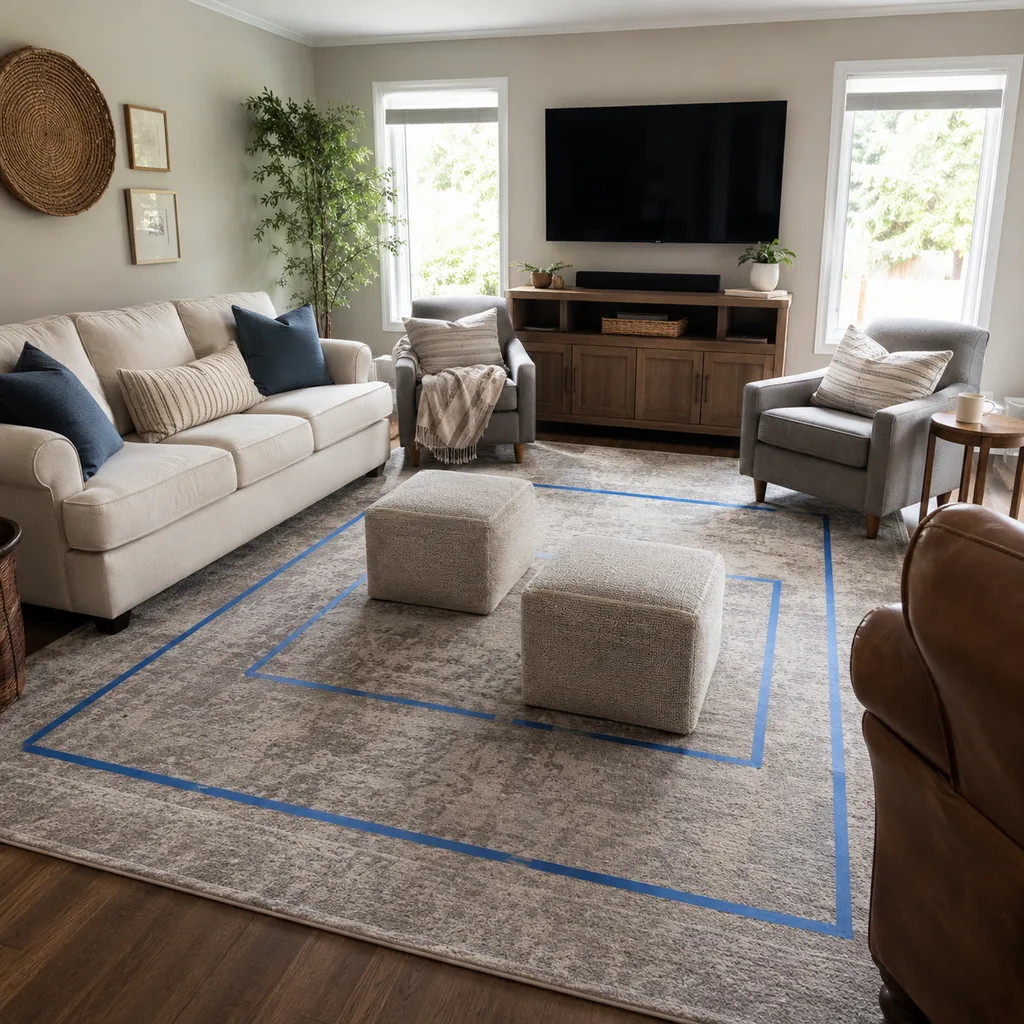 Realistic editorial photo of a living room with sofa, chairs, rug, TV, windows, and taped layout marks showing ottomans that can move when needed