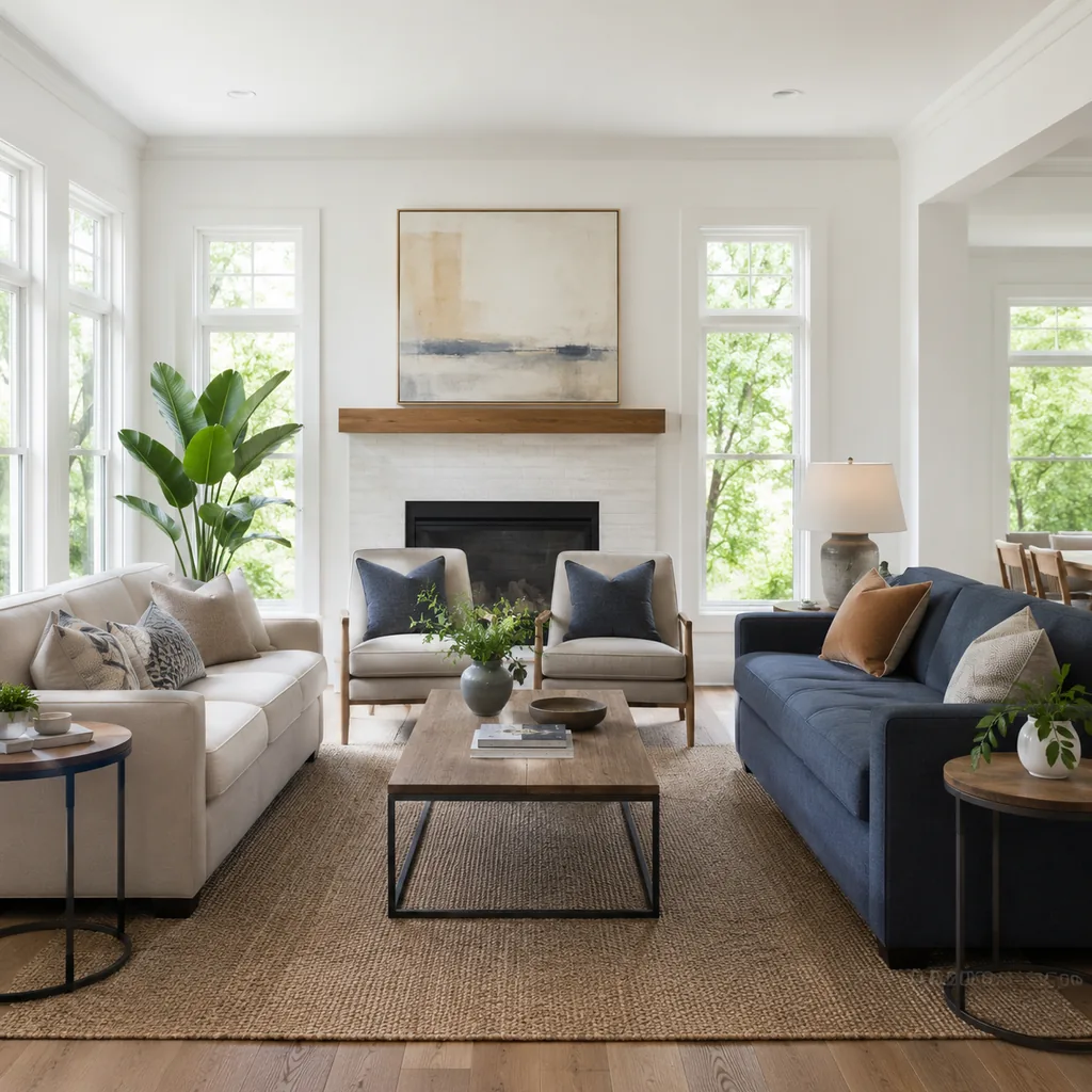 Realistic editorial photo of a living room with sofas in different upholstery colors, pillows, wall paint, and daylight showing all-white rooms with no texture