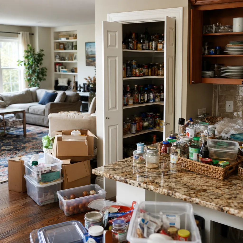 Realistic editorial photo of a realistic cluttered living room and kitchen area with boxes, counters, shelves, and organizing bins showing pantry with expired b