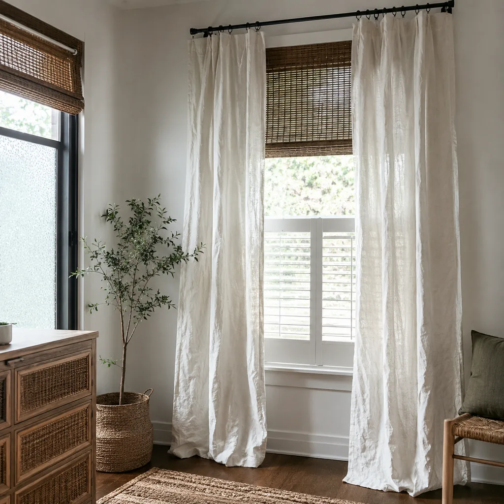 Realistic editorial photo of a room with windows, shades, shutters, woven panels, privacy film, and soft natural light showing wrinkled curtains hung straight f