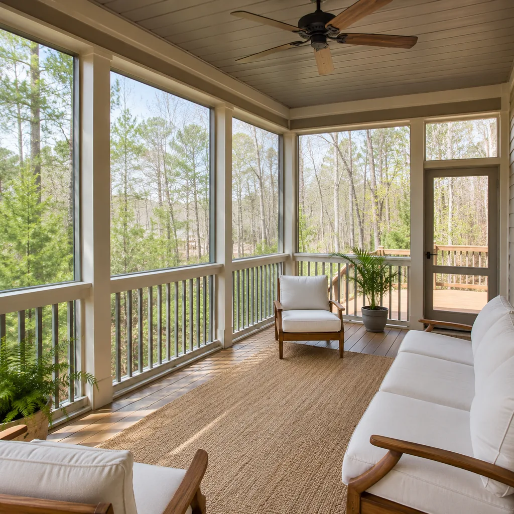 Realistic editorial photo of a screened porch with sofa, chairs, rug, plants, ceiling fan, screens, and soft daylight showing fresh coat on railings before deco