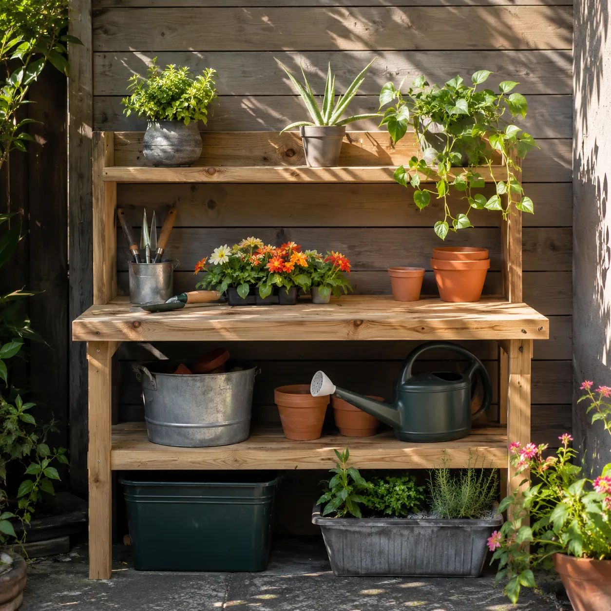 Realistic editorial photo of a simple potting bench shelf in budget backyard weekend upgrade, realistic editorial photo,