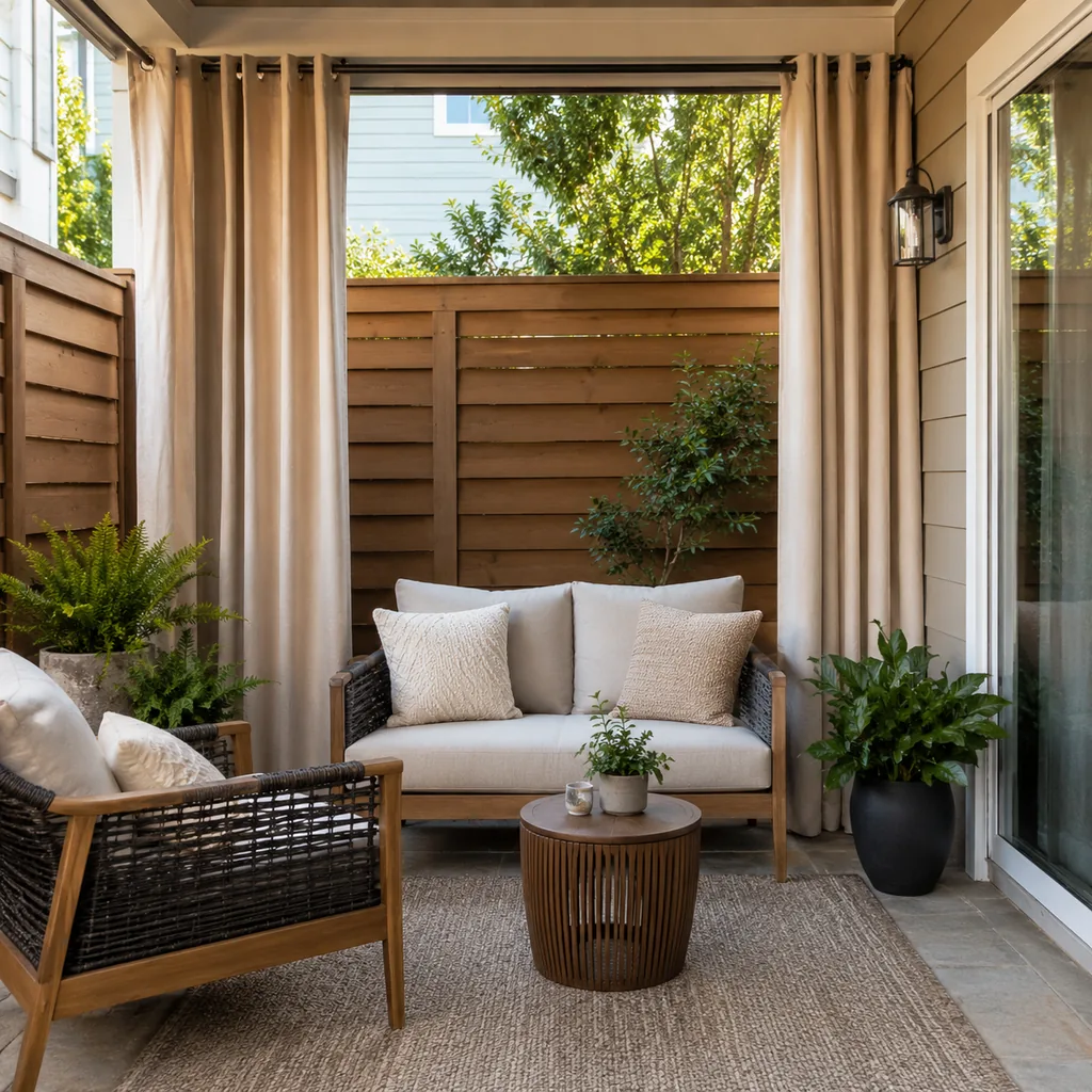 Realistic editorial photo of a small patio with compact seating, outdoor rug, plants, side table, curtains, and privacy screen showing outdoor curtains with no