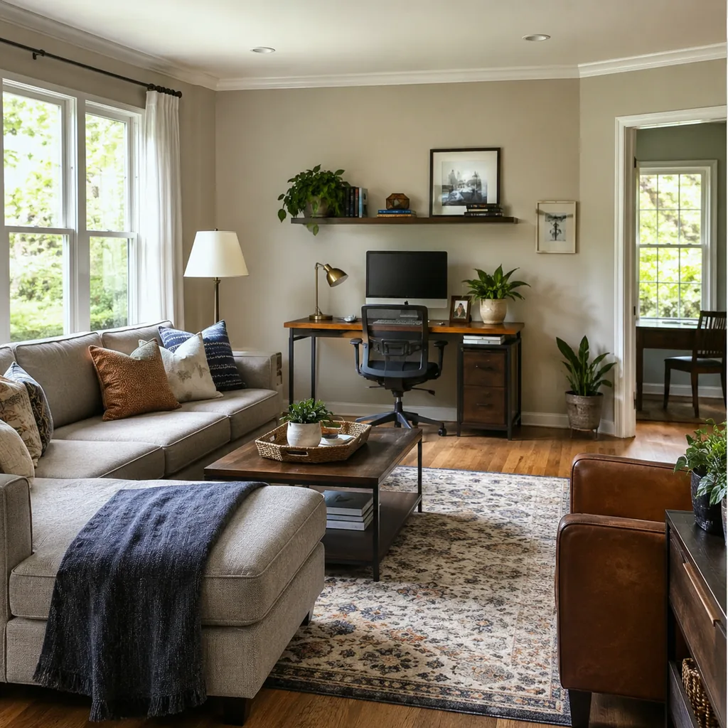 Realistic editorial photo of a staged American living room with sofa, rug, windows, lighting, and buyer-facing details showing desk or work zone that does not c