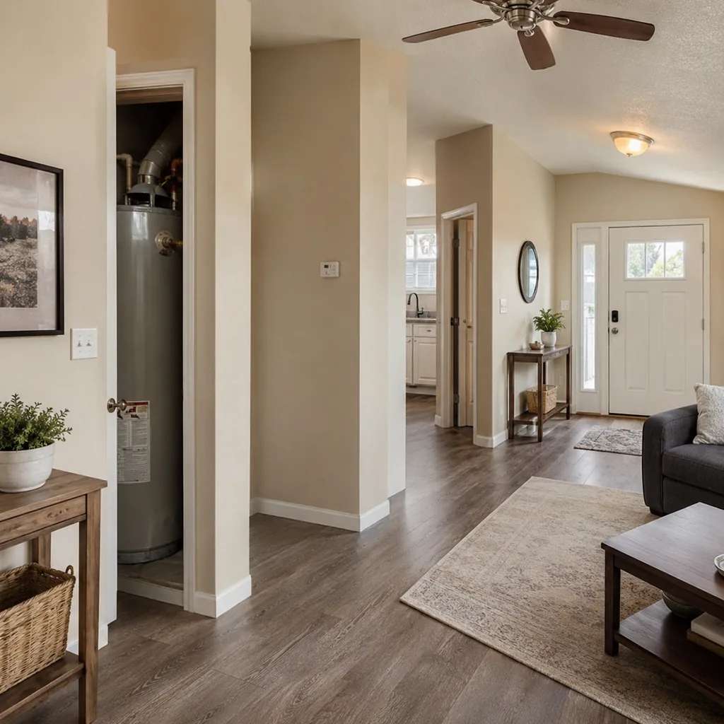 Realistic editorial photo of a staged home interior with living room, entry, lighting, furniture placement, and listing-photo details showing water heater witho