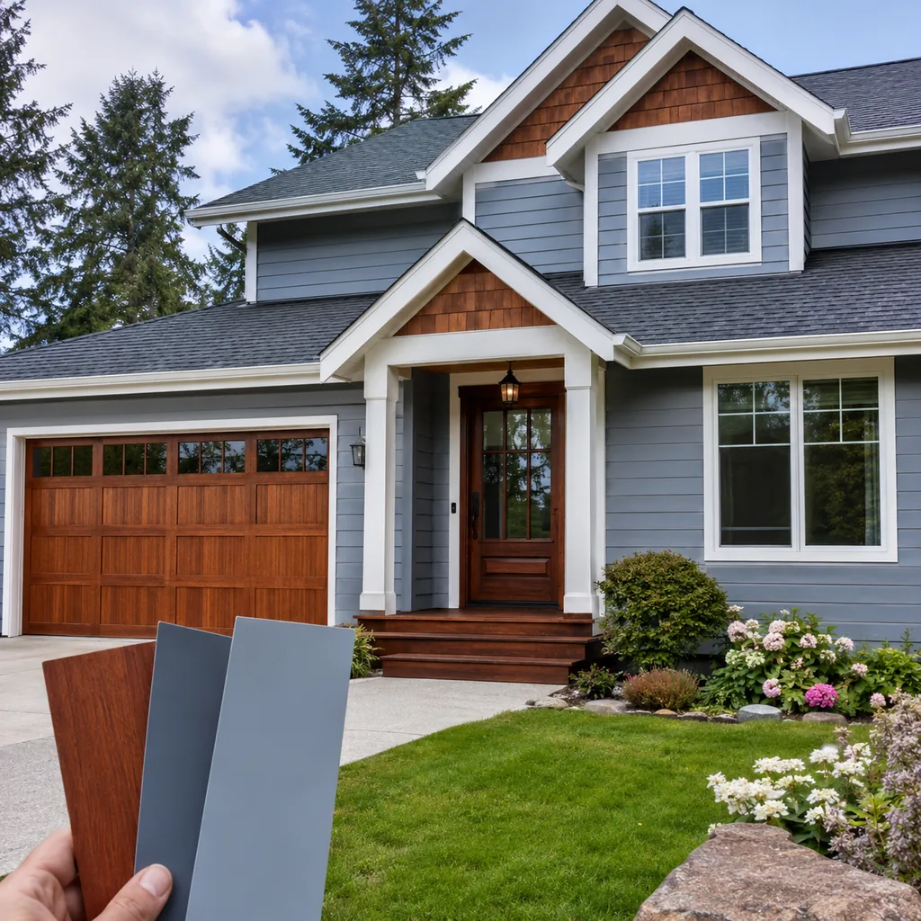 Realistic editorial photo of a suburban home exterior with siding, trim, roof, front door, lawn, and paint swatches showing cherry wood fighting blue-gray paint