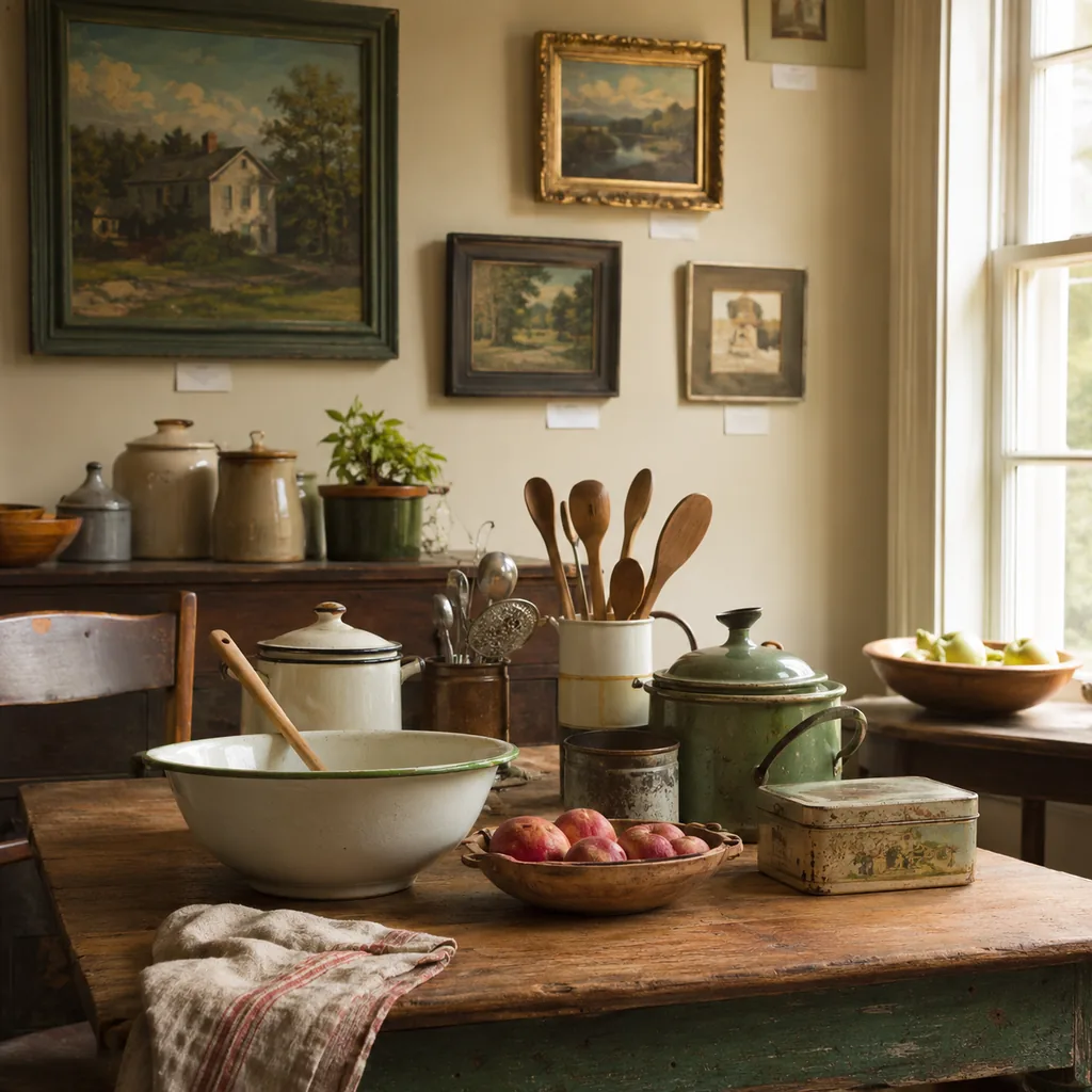 Realistic editorial photo of a vintage kitchen table with bowls, enamel cookware, utensils, tins, and warm window light showing framed art with gallery labels