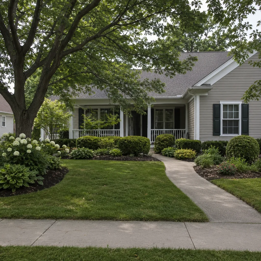 Realistic editorial photo of an American front yard with lawn, shrubs, walkway, mulch beds, trees, and a front porch showing no focal point from the curb