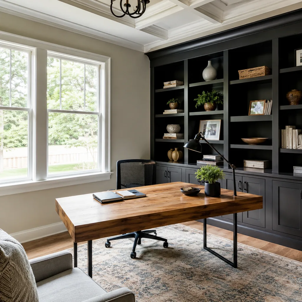 Realistic editorial photo of an American home office showing not testing room for a full week