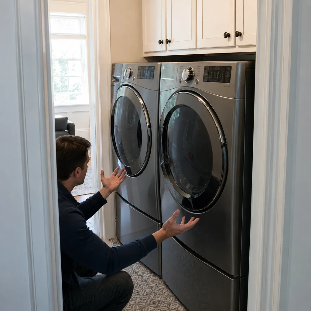 Realistic editorial photo of an American laundry room showing forgetting future appliance replacement