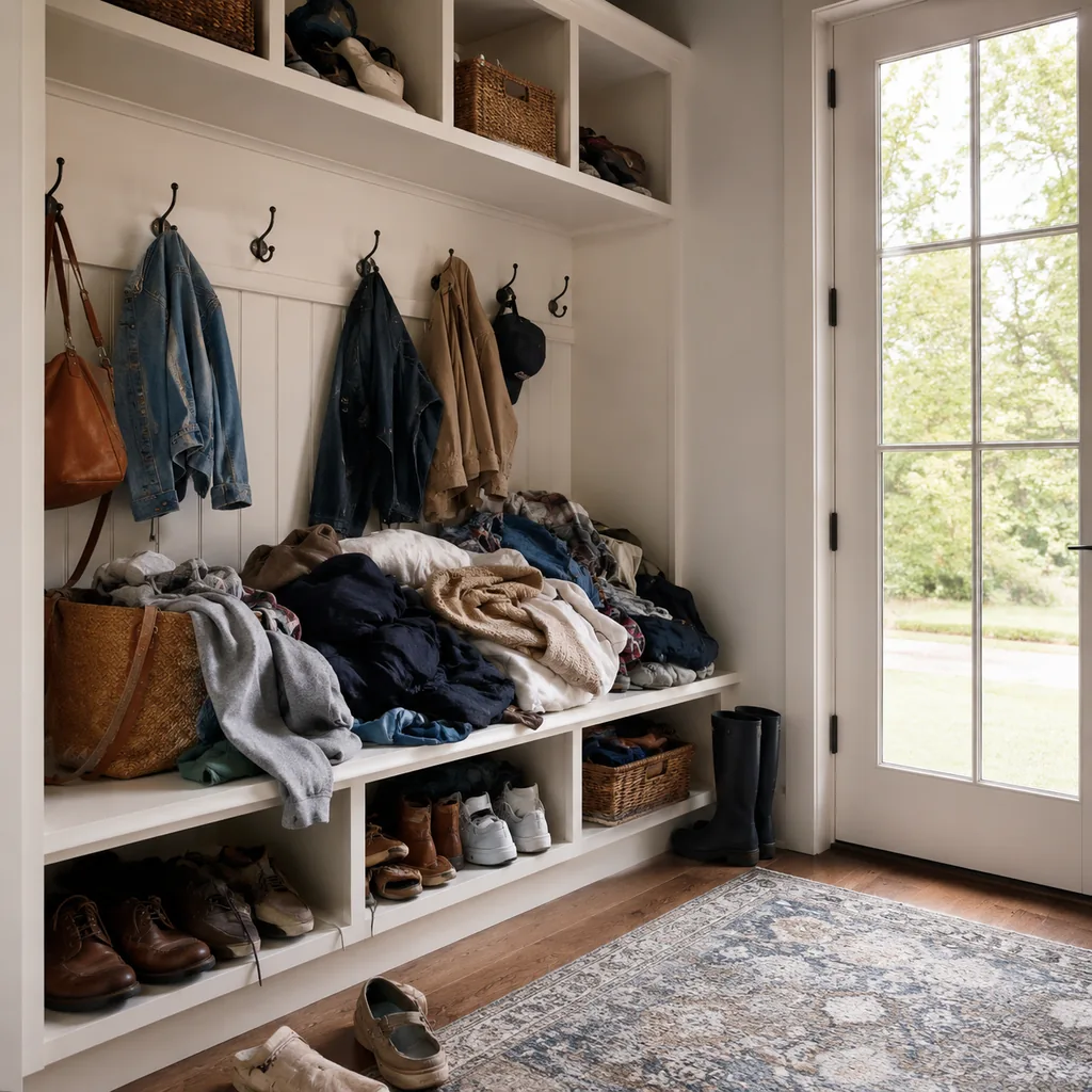Realistic editorial photo of an American mudroom showing letting bench become a pile
