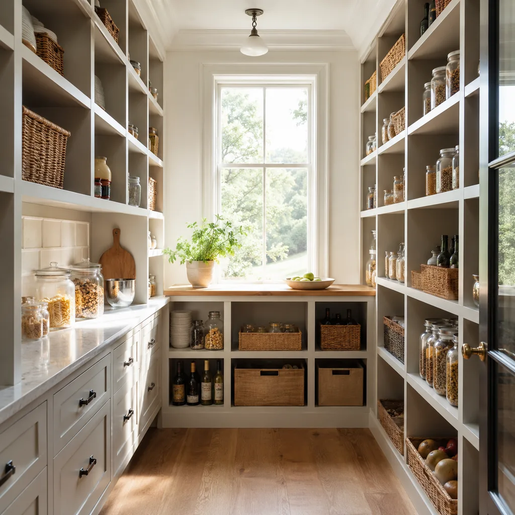 Realistic editorial photo of an American walk-in pantry showing using many tiny zones
