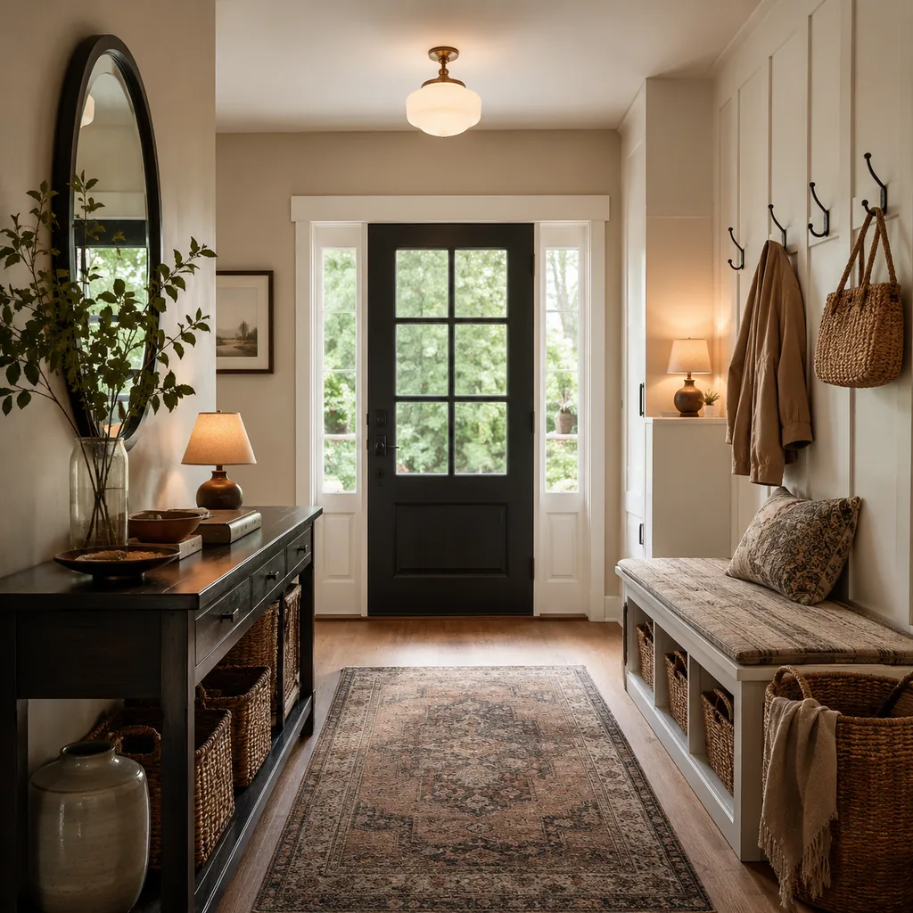 Realistic editorial photo of an entryway with console table, mirror, bench, hooks, rug, lighting, and storage showing small lamps in unexpected corners