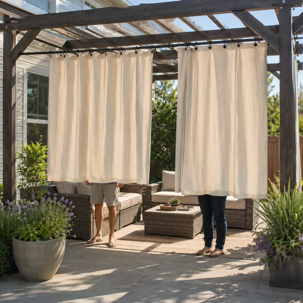 Realistic editorial photo of an outdoor patio with pergola curtains, seating, plants, fabric panels, and sunlight showing rods hung too low