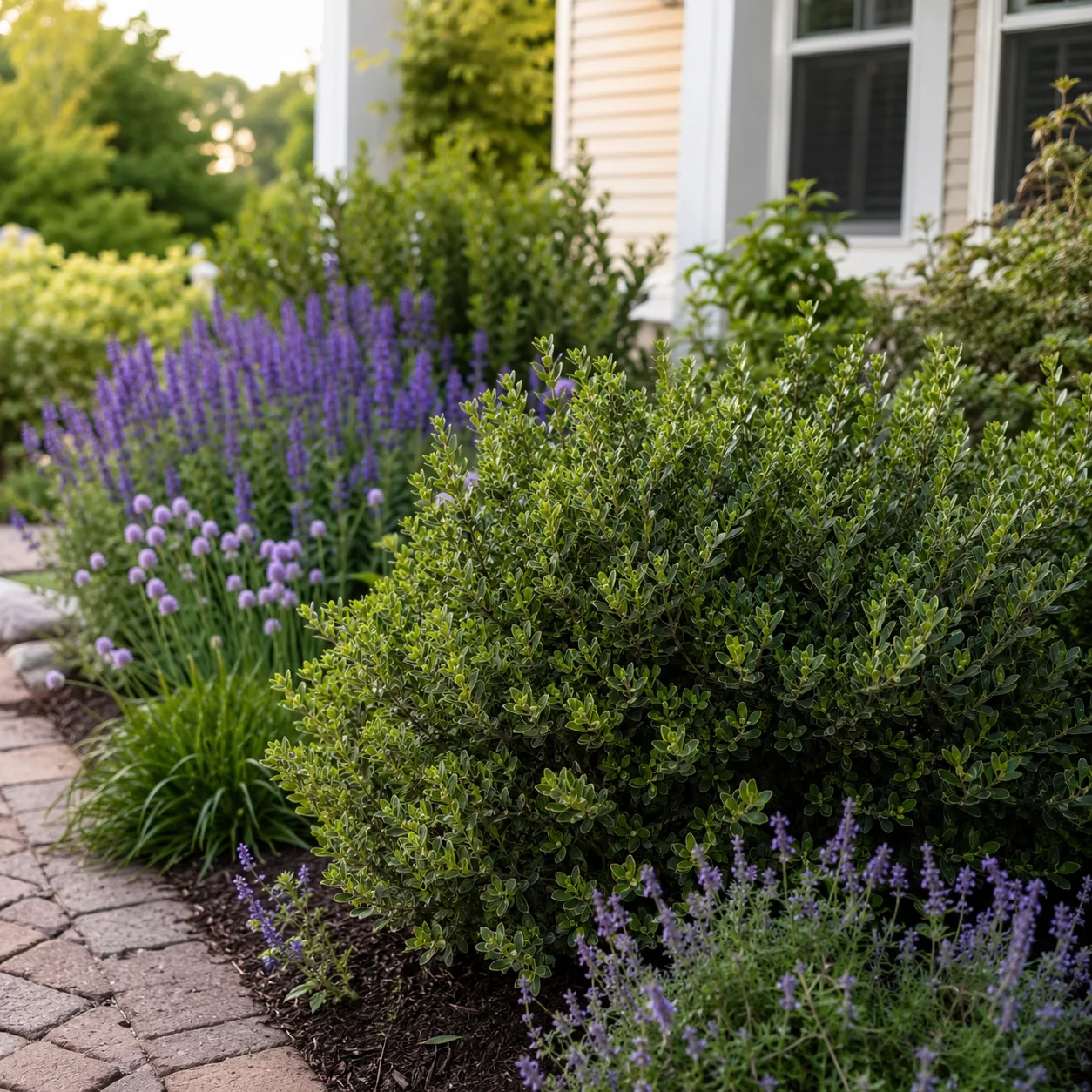 Realistic editorial photo of Bayberry growing in front yard border with deer resistant flowering plants, realistic edito