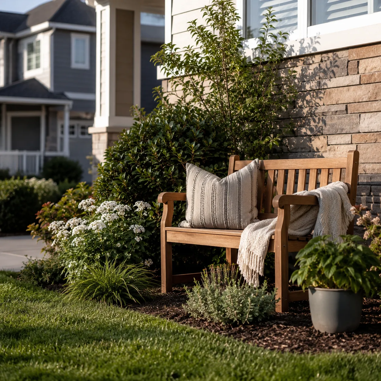 Realistic editorial photo of create a destination bench in polished suburban front yard, realistic editorial photo, natu