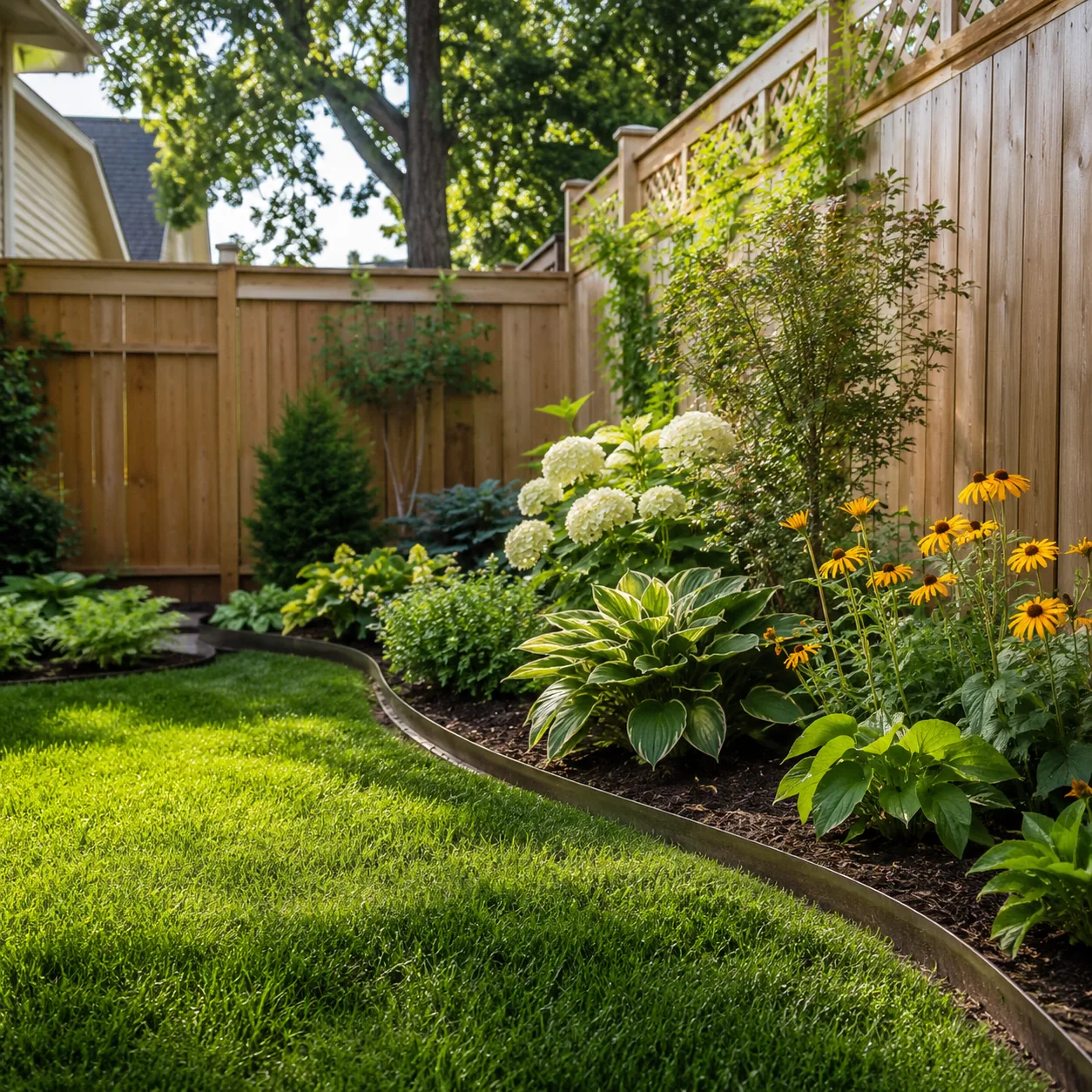 Realistic editorial photo of keep edges crisp in small fenced backyard, realistic editorial photo, natural light, 1:1 sq