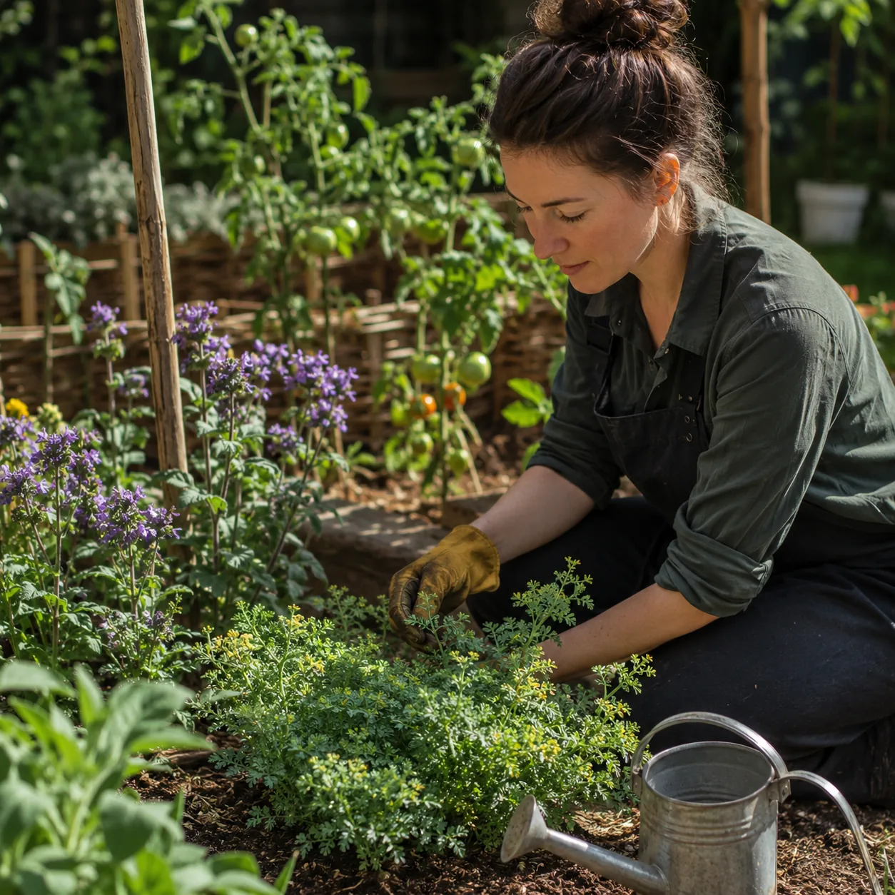 Realistic editorial photo of Rue with caution growing in a practical edible and flower garden, realistic editorial photo