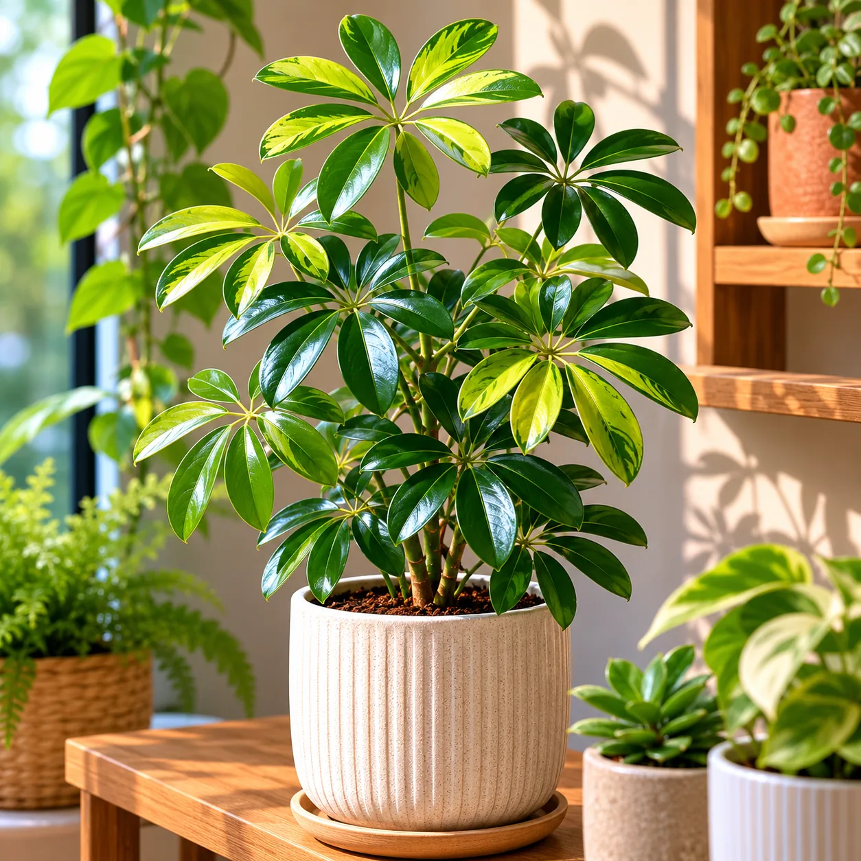Realistic editorial photo of Schefflera growing in bright indoor shelf with low maintenance houseplants, realistic edito