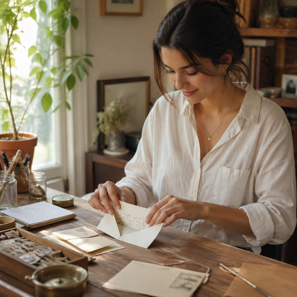 Warm editorial photo of a young woman folding a handwritten letter into an addressed envelope at a sunlit writing desk, 