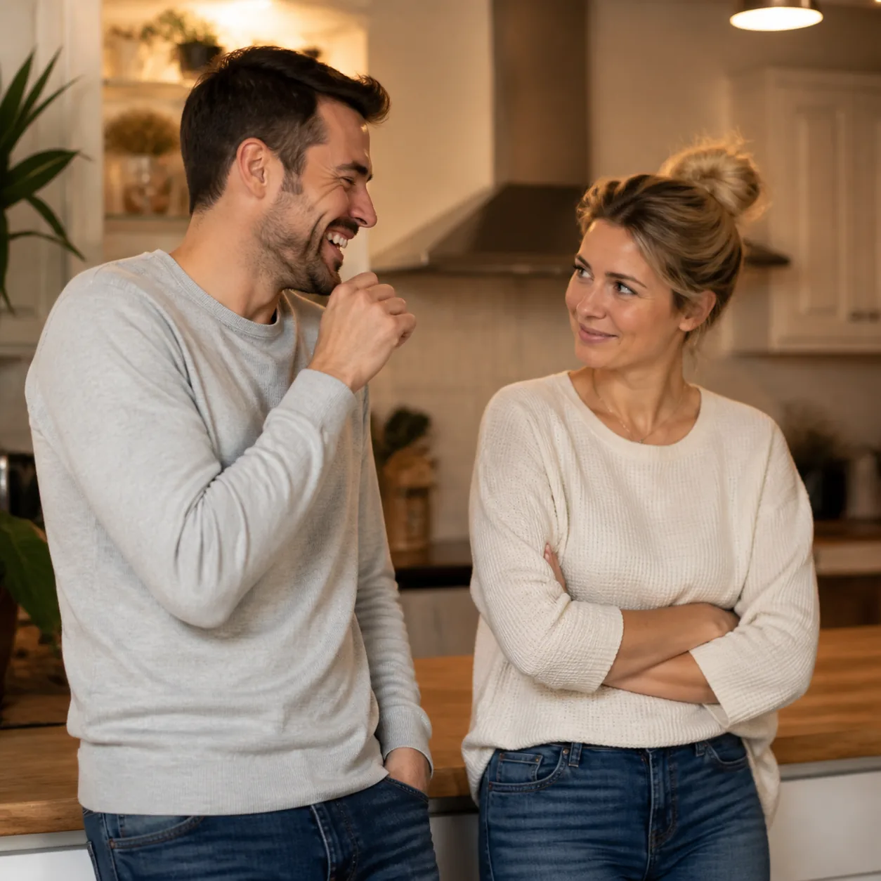 Cozy realistic lifestyle photo of a husband grinning at his own joke while his wife pretends to be annoyed but is half-s