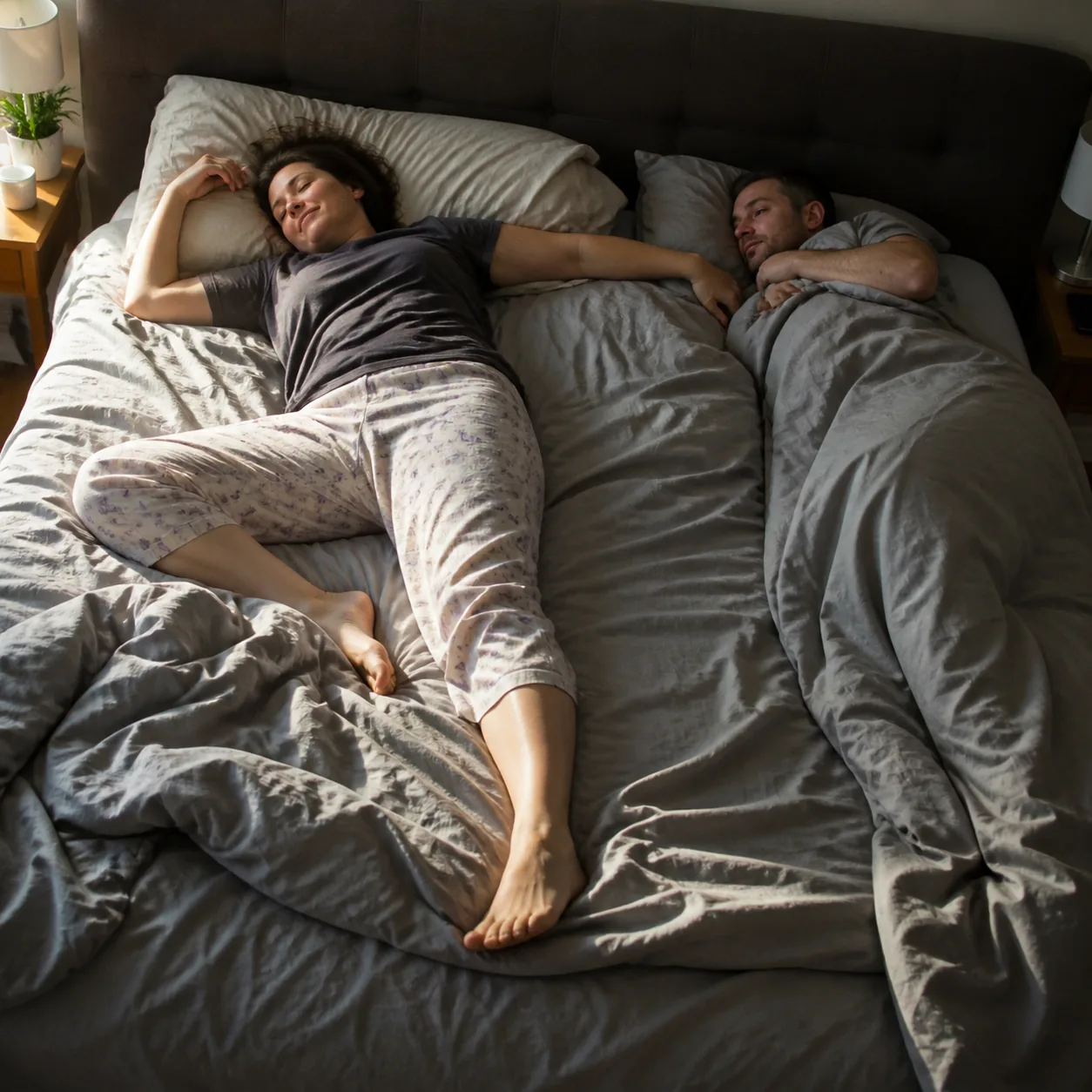Humorous realistic photo of a messy bed in morning light, wife comfortably stretched across most of the bed while husban