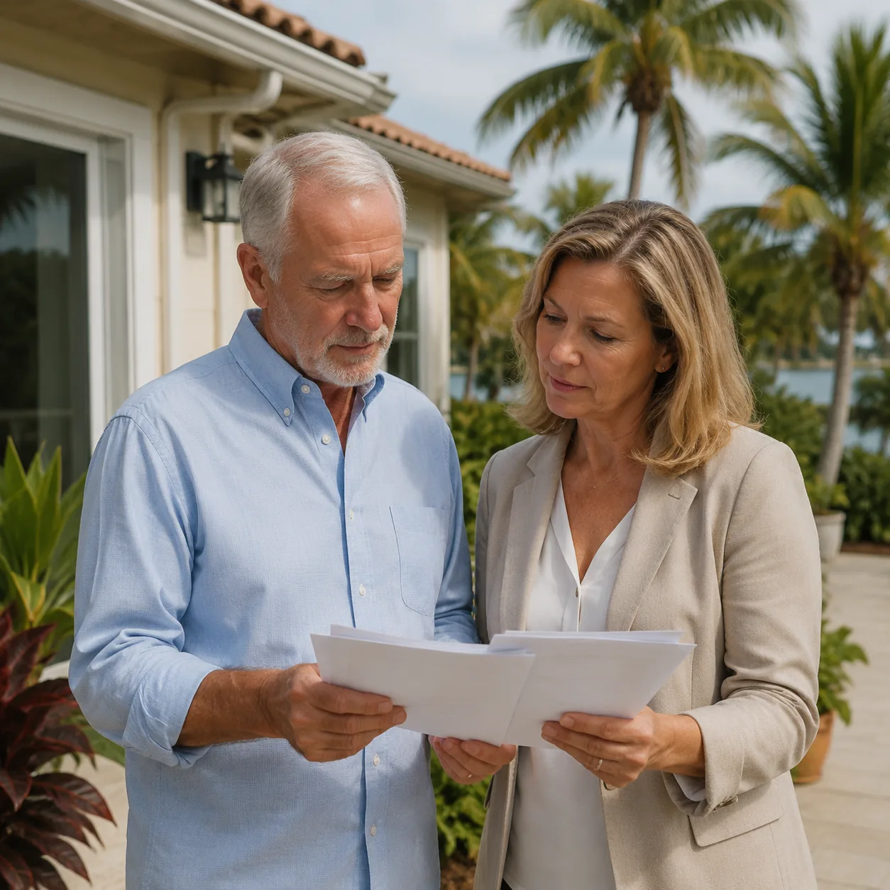 older homeowner and agent reviewing home insurance papers outside Florida house with palm trees, realistic editorial lif