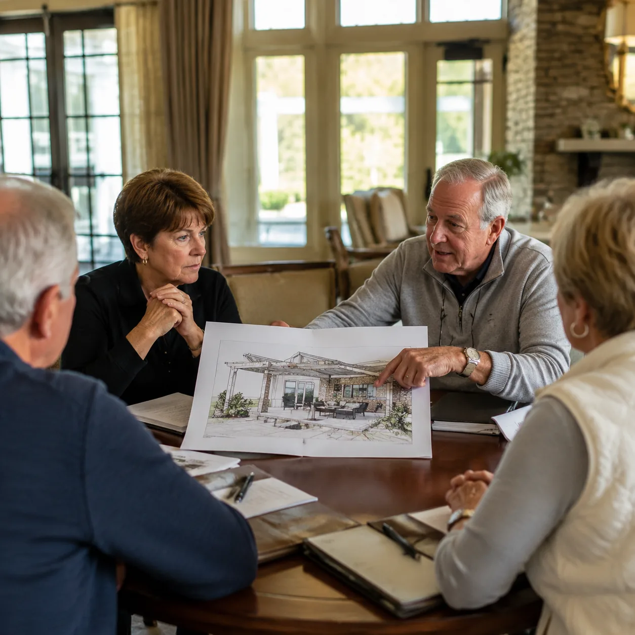 older homeowner showing patio plans to architectural review committee in clubhouse, realistic editorial lifestyle photog