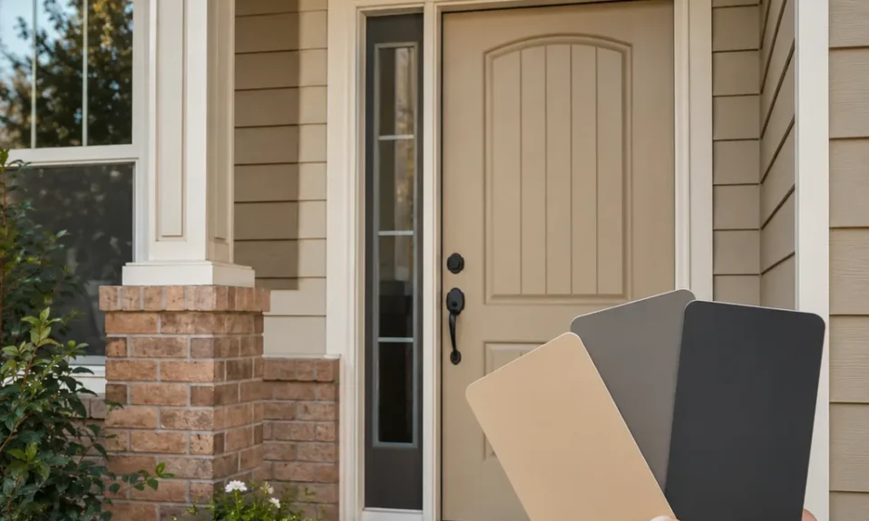 Realistic editorial photo of a front entry with door paint samples, brick, siding, plants, and trim showing builder beige in a low-light room