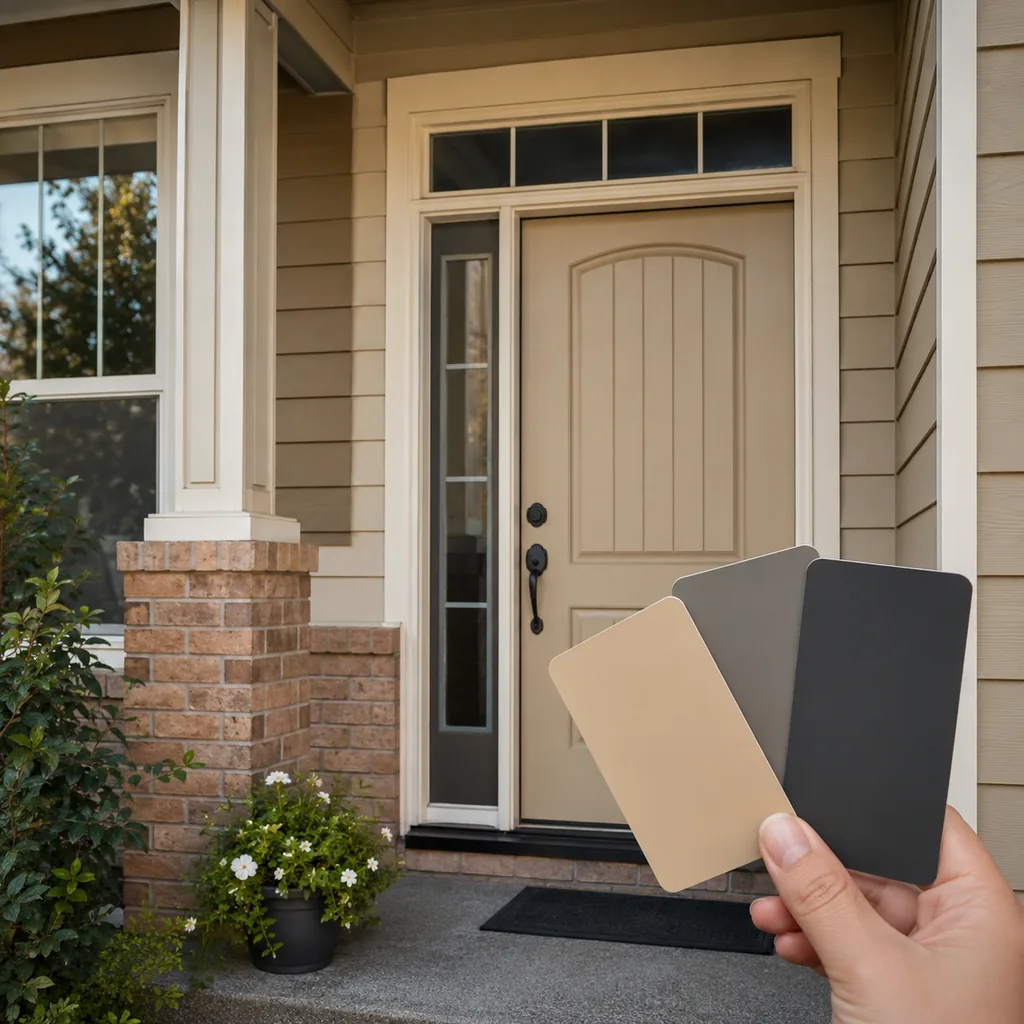 Realistic editorial photo of a front entry with door paint samples, brick, siding, plants, and trim showing builder beige in a low-light room