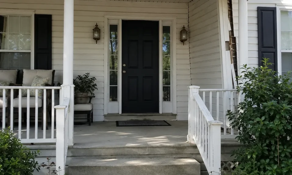 Realistic editorial photo of a front porch prepared for a home showing with steps, door, railings, seating, and curb appeal issues showing cabinets pulling from