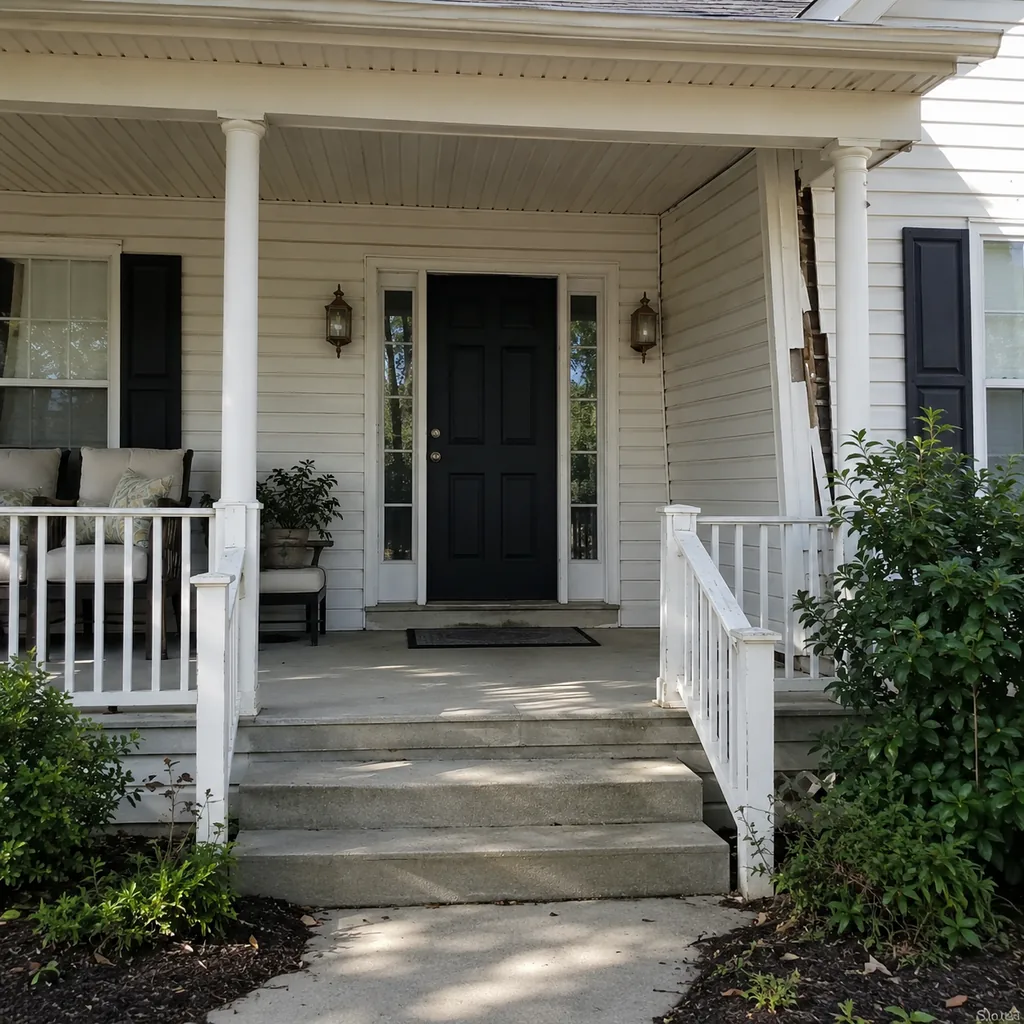 Realistic editorial photo of a front porch prepared for a home showing with steps, door, railings, seating, and curb appeal issues showing cabinets pulling from